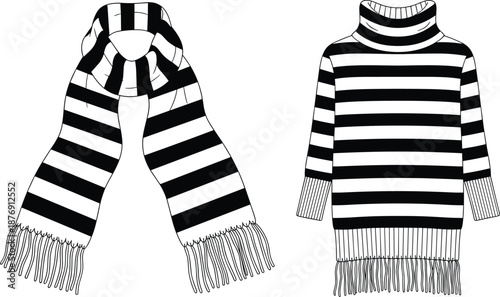 Black and white striped winter scarf and turtleneck sweater illustration, cozy knitted clothing set for fashion design, seasonal wardrobe, textile pattern and vector style.