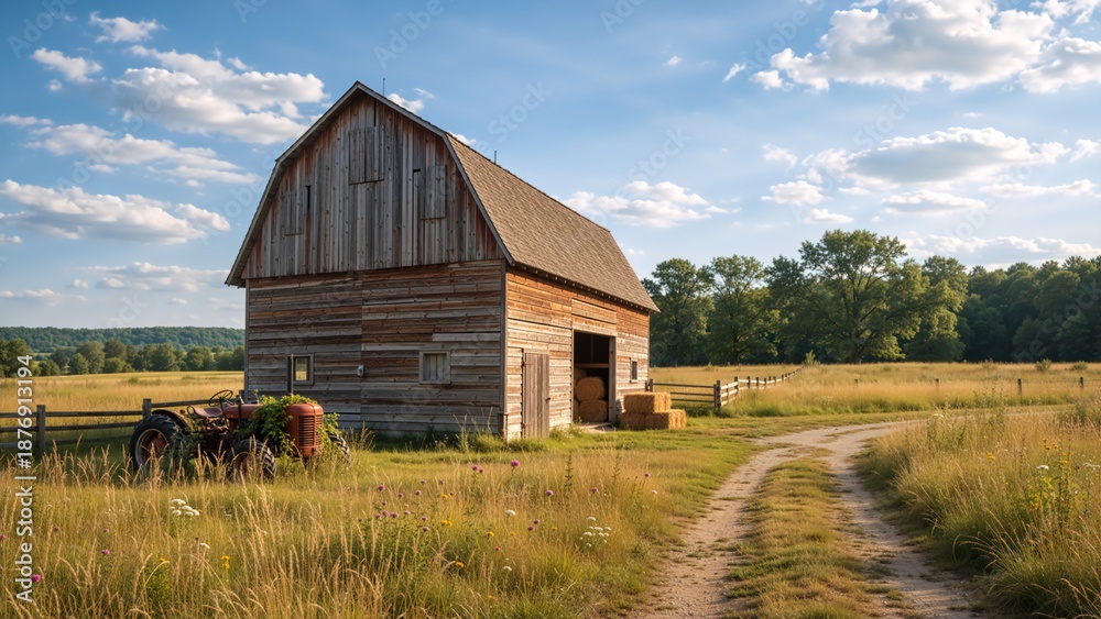 Obraz premium A rustic wooden barn with an old tractor in a scenic farm landscape. Rural countryside setting in summer with a field of grass under a blue sky