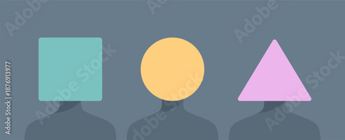 Three human silhouettes with colorful geometric shapes - triangle, square and circle instead of heads. Flat vector illustration