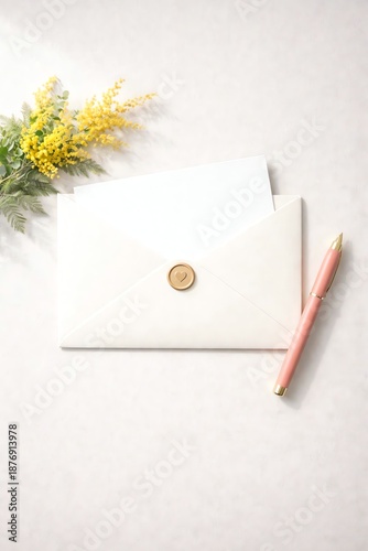 ミモザと封筒、ペンのあるシンプルなレターデザイン背景