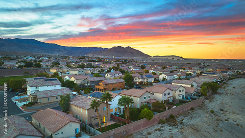 Photography Aerial Las Vegas Residential Neighborhood Housing at Sunset with Spring Mountain