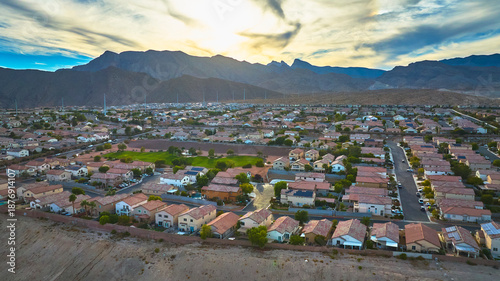 Canvas Print Aerial Las Vegas Nevada Residential Neighborhood and Spring Mountain at Sunset