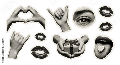 Black and white vintage halftone sticker set featuring hands, lips, eye, heart shapes and gift. Retro collage style icons symbolizing love, emotion, romance and communication.