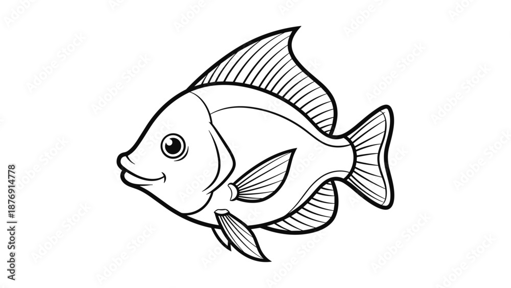 Fototapeta premium Cartoon outline of smiling fish with detailed fins and scales