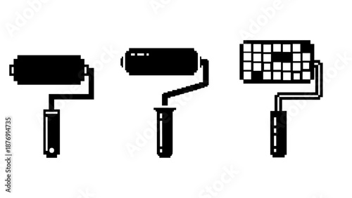 Minimalist pixel art paint rollers set in black and white