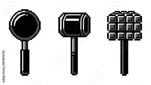 Retro 8-bit cooking tools set with magnifying glass, meat tenderizer, and mallet