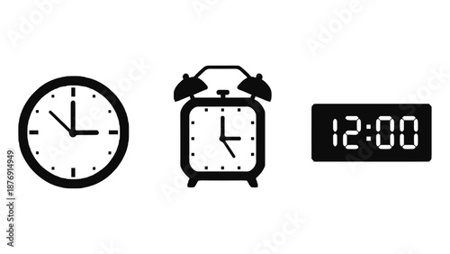 Analog and digital clocks icon set for time management and scheduling