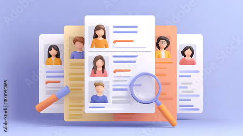 Title: 3D Rendering of Resume Selection Process with Magnifying Glass and Candidate Profiles
