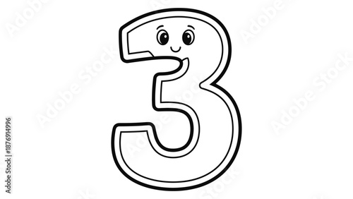 Cute smiling number three with eyes in black and white cartoon style
