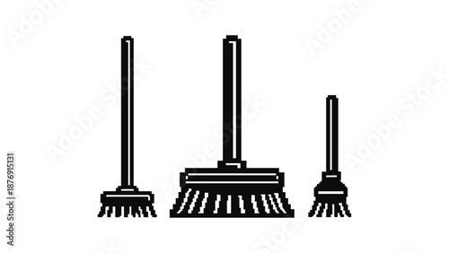 Minimalist pixel art brooms: simple cleaning tools in retro style