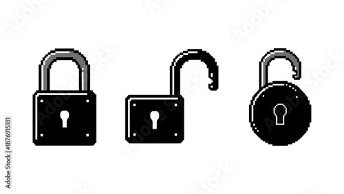Retro pixel art lock icons: closed, unlocked, and open padlocks