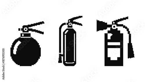 Pixel art fire extinguishers: retro style safety icons collection