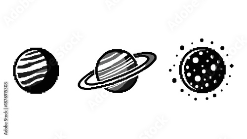 Pixel art solar system planets in retro black and white design