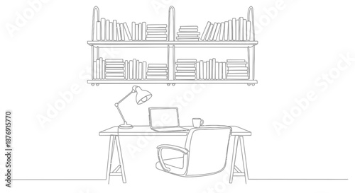 Simple Line Drawing of Office Workspace Desk.