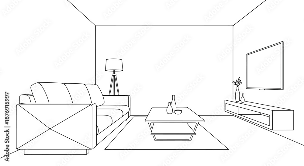 Fototapeta premium Simple Line Drawing of Modern Living Room Interior.