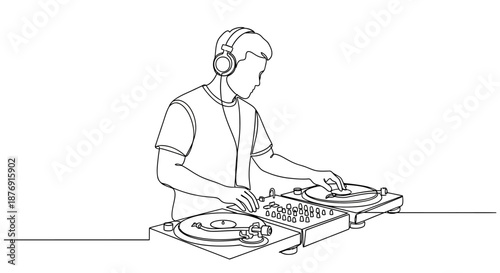 DJ Mixing Music with Turntables and Headphones.