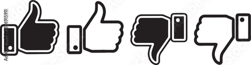 Black and white thumbs up and down with mobile phone symbols also transparent background thumbs down