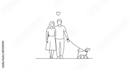 Man Woman Walking Dog Together Illustration.