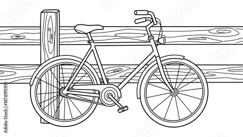Linear drawing of bicycle leaning against wooden fence
