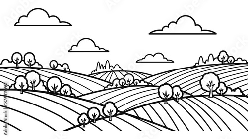 Linear minimalist landscape with rolling hills and trees under cloudy sky