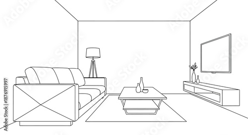 Simple Line Drawing of Modern Living Room Interior.