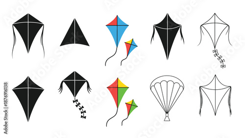 A collection of various kite designs and shapes in different colors