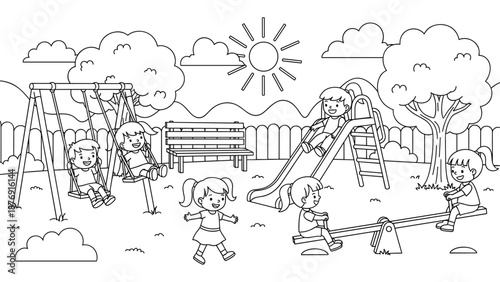 Children playing in park outline drawing with swings and slide on a sunny day