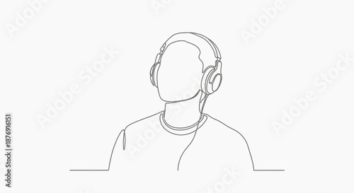 Man Wearing Headphones Simple Line Drawing.