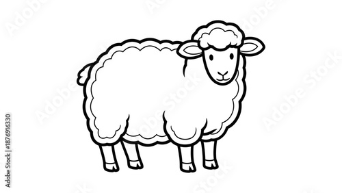 Adorable outline of fluffy sheep illustration in simple black and white style