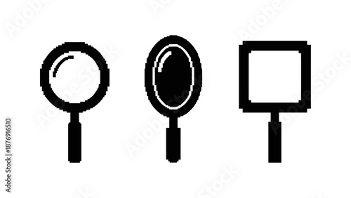 Pixel art magnifying and hand mirrors set in monochrome