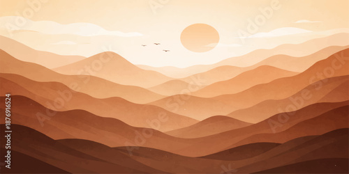 A vibrant orange sky glows over a vast desert landscape where sand dunes meet distant mountain silhouettes during a stunning sunset at dusk