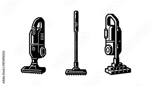 Retro isometric vacuum cleaners: a nostalgic black and white collection