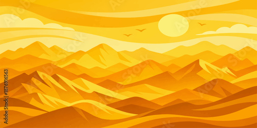 Orange summer sunset in the desert featuring a vector illustration of a yellow sun over sand mountains and nature silhouettes for a travel landscape design