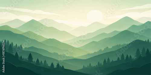 A breathtaking morning mountain landscape panorama featuring snow-capped peaks rising above a misty forest valley under a soft blue sunrise sky with drifting clouds