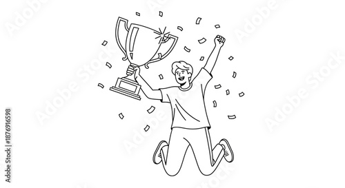 Man Jumping with Trophy in Hand.