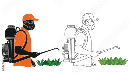 worker in orange and worker in black and white spraying herbicide