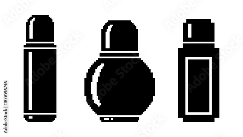 Retro pixel art perfume bottle icons in black and white design