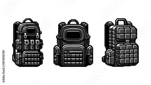 Retro pixel art backpacks in black and white