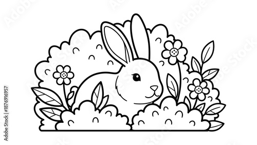 Adorable bunny in nature with flowers and bushes