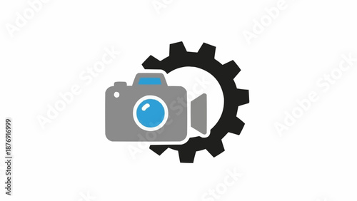 A grey camera icon with a blue lens overlapping a black gear icon, symbolizing media settings or video production tools.