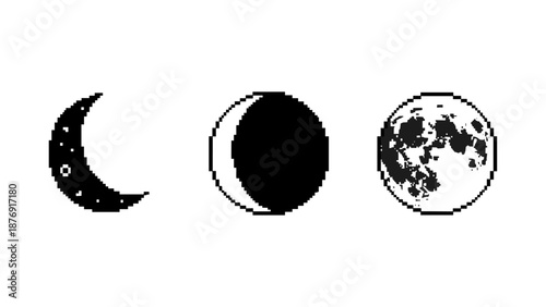Pixel art moon phases: crescent, half, full in black and white