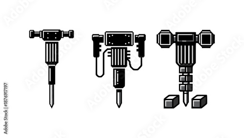 Monochrome industrial jackhammer set: heavy-duty tool icons in flat style