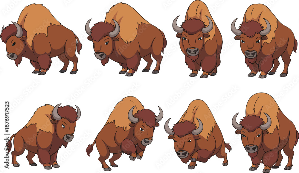 Fototapeta premium Cartoon Bison Character Outline Icon Set Aggressive Poses and Wild Buffalo Mascot