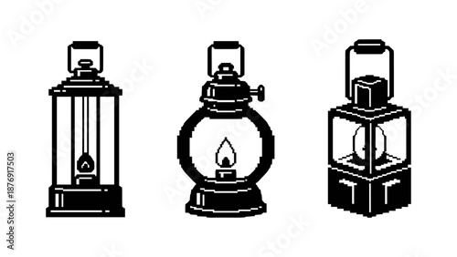 Retro pixel art oil lanterns in black and white design