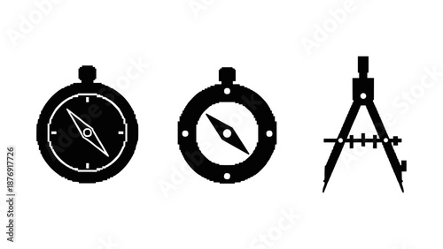 Minimalist silhouette compasses and divider icons for navigation and engineering design