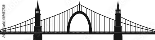 Black silhouette of a suspension bridge with two towers white background