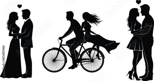 Black silhouettes of couples in love on white background
