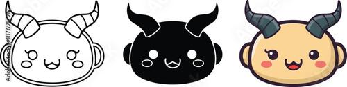 A cute cartoon horned creature icon in three different styles for character design