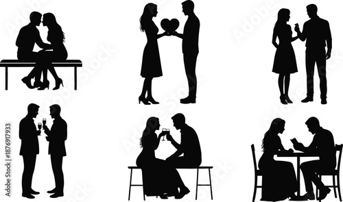 Black silhouettes of couples in various romantic poses and settings white background
