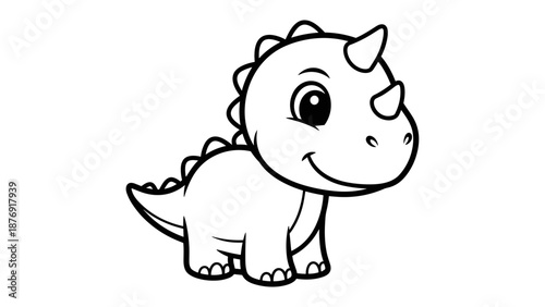 Cute baby dinosaur with horns in cartoon style black and white artwork for kids